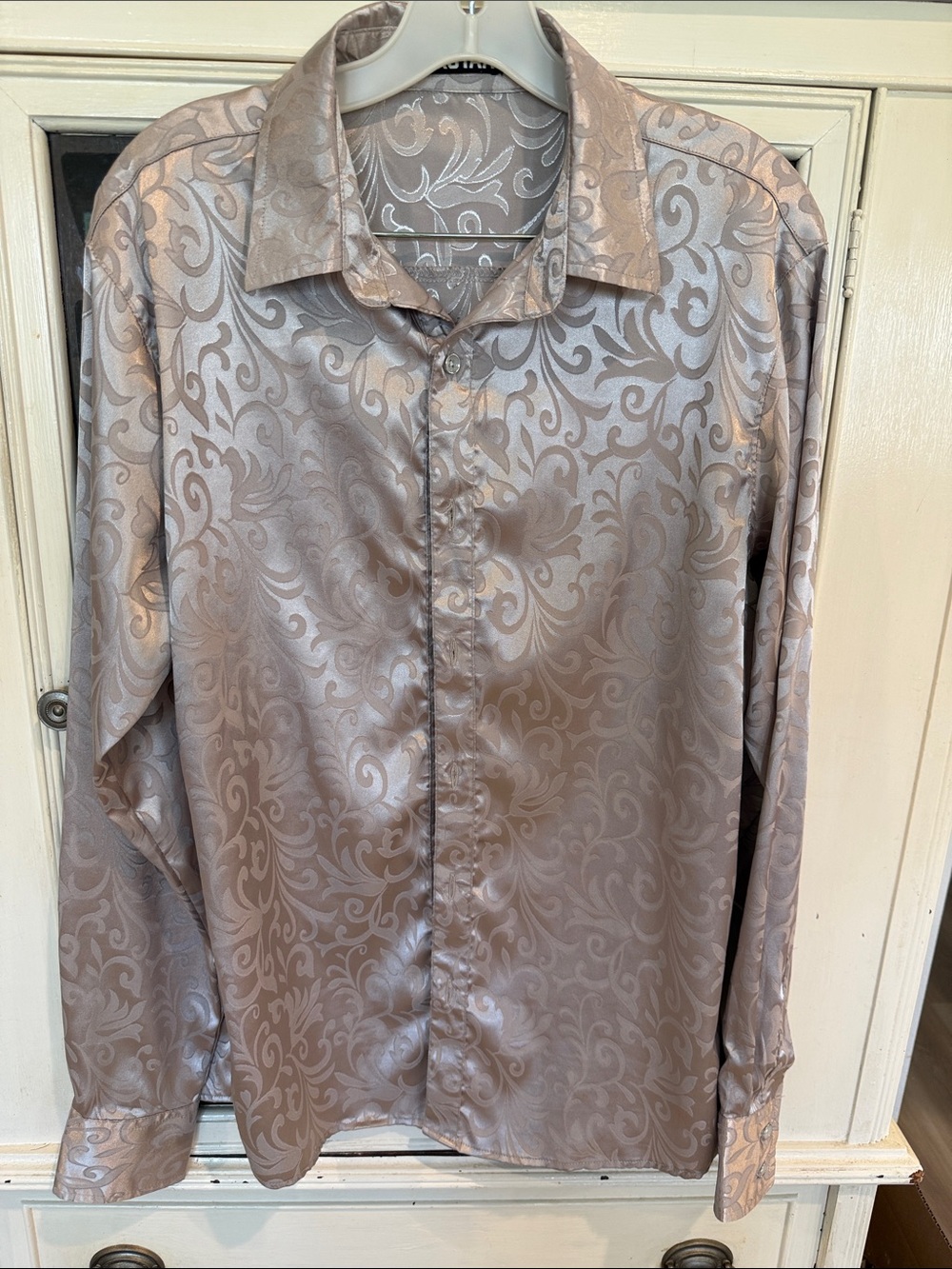 Men's Long-Sleeve Satin Jacquard Button-Down Shirt -Silver